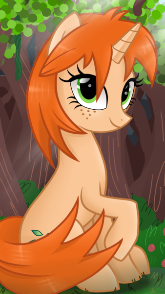 Size: 1080x1920 | Tagged: safe, artist:sallyso, derpibooru import, oc, unofficial characters only, pony, unicorn, eyelashes, female, freckles, horn, image, mare, outdoors, png, raised hoof, smiling, solo, unicorn oc