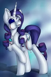 Size: 1987x3019 | Tagged: semi-grimdark, artist:maneblue, derpibooru import, rarity, pony, unicorn, lil-miss rarity, abstract background, black sclera, blood, female, image, looking up, mare, paw prints, png, raised hoof, simple background, smiling, solo, transparent background