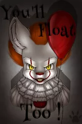 Size: 661x1000 | Tagged: safe, artist:maneblue, derpibooru import, ponified, earth pony, pony, balloon, bust, chest fluff, clothes, clown, evil grin, grin, image, it, jpeg, male, paw prints, pennywise, smiling, stallion