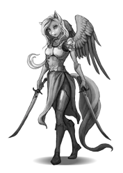 Size: 2480x3508 | Tagged: safe, artist:vitaj, derpibooru import, fluttershy, anthro, butterfly, insect, pegasus, armor, clothes, female, fighter, heel pop, heron guard, image, looking at you, myth (bungie), myth ii: soulbrighter, png, shoes, simple background, skirt, sword, swordmare, transparent background, weapon, wings