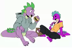 Size: 4096x2714 | Tagged: safe, artist:chub-wub, derpibooru import, spike, dragon, bag, burger, clothes, cup, drink, duality, duo, eating, eyes closed, food, hoodie, image, jeans, jpeg, male, non-existent meet cute, nonbinary, older, older spike, open mouth, pants, redesign, self paradox, shirt, simple background, t-shirt, taco bell, vylet pony, white background