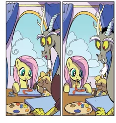 Size: 505x533 | Tagged: safe, derpibooru import, idw, discord, fluttershy, draconequus, pegasus, pony, spoiler:comic94, cloud, comic, cropped, duo, image, jpeg, mouth hold, paint, paintbrush, painting, wholesome, window