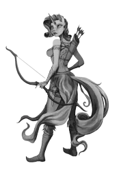 Size: 2480x3508 | Tagged: safe, artist:vitaj, derpibooru import, rarity, anthro, plantigrade anthro, unicorn, archer, archery, arrow, bow (weapon), bow and arrow, clothes, coat, dress, evening gloves, female, fingerless elbow gloves, fingerless gloves, fir'bolg, gloves, grayscale, image, knife, long gloves, monochrome, myth (bungie), myth: the fallen lords, png, quiver, shoes, simple background, solo, tattoo, transparent background, weapon