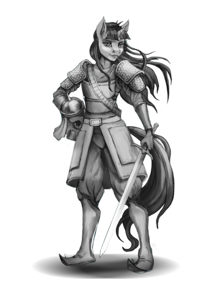 Size: 2480x3508 | Tagged: safe, artist:vitaj, derpibooru import, twilight sparkle, anthro, plantigrade anthro, unicorn, armor, avatara, belt, clothes, fighter, grayscale, helmet, image, king, king alric, monochrome, myth (bungie), myth ii: soulbrighter, png, samurai twilight, shoes, simple background, solo, sword, transparent background, unicorn twilight, weapon