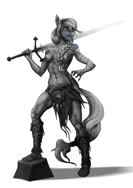 Size: 2480x3508 | Tagged: questionable, artist:vitaj, derpibooru import, applejack, anthro, earth pony, plantigrade anthro, barbarian, belly, belly button, belt, berserk, berserker, braid, breasts, claymore, clothes, fangs, female, grayscale, greatsword, image, knife, loincloth, monochrome, muscles, myth (bungie), myth: the fallen lords, nipples, nudity, partial nudity, png, shoes, solo, sword, tattoo, topless, weapon