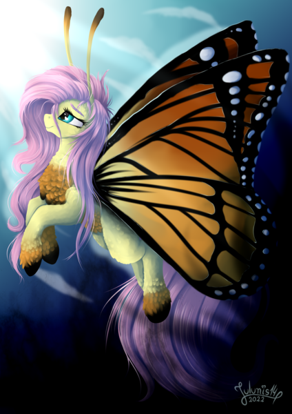 Size: 2894x4093 | Tagged: safe, artist:julunis14, derpibooru import, fluttershy, butterfly, hybrid, insect, pony, antennae, butterfly wings, image, png, solo, species swap, wings