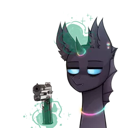 Size: 768x768 | Tagged: safe, artist:eggguy, derpibooru import, oc, oc:trill, unofficial characters only, changeling, changeling oc, gun, image, png, simple background, solo, transparent background, weapon