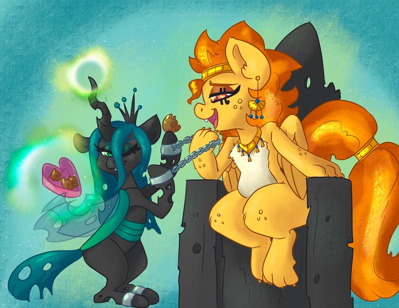 Size: 3300x2550 | Tagged: safe, artist:leadhooves, derpibooru import, queen chrysalis, oc, oc:wispy tuft, changeling, changeling queen, sphinx, box of chocolates, chocolate, duo, feeding, female, food, glow, glowing horn, high res, horn, image, jpeg, levitation, magic, shackles, sphinx oc, telekinesis, throne