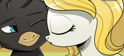 Size: 744x339 | Tagged: safe, artist:candyclumsy, derpibooru import, earth pony, gryphon, pony, comic:revolution of harmony, cropped, female, image, interspecies, kissing, mare, png