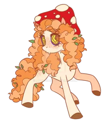 Size: 900x1013 | Tagged: safe, artist:lynesssan, derpibooru import, oc, oc:kinoko, mushroom pony, original species, pony, female, freckles, image, leaves, mare, mushroom, png, simple background, solo, transparent background