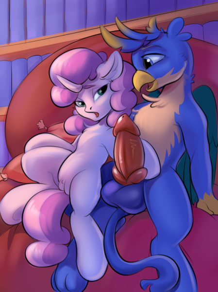 Size: 1872x2500 | Tagged: explicit, artist:kittytitikitty, derpibooru import, gallus, sweetie belle, gryphon, pony, unicorn, big penis, female, foalcon, gallbelle, image, imminent sex, male, nudity, penis, png, seduction, shipping, underage, vulva