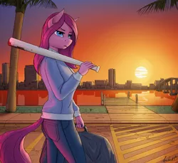 Size: 1280x1173 | Tagged: semi-grimdark, artist:apocheck13, derpibooru import, pinkie pie, anthro, baseball bat, blood, blood stains, city, clothes, duffle bag, image, jpeg, looking offscreen, palm tree, pinkamena diane pie, tree