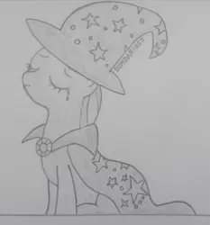 Size: 2400x2570 | Tagged: safe, artist:dimdariusz, derpibooru import, trixie, earth pony, pony, cape, clothes, crying, earth pony trixie, eyebrows, eyes closed, female, grayscale, hat, image, jpeg, mare, monochrome, pencil drawing, photo, sad, show accurate, signature, simple background, sitting, solo, traditional art, trixie's cape, trixie's hat