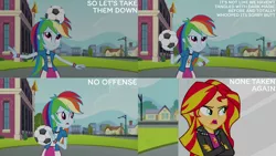 Size: 1280x720 | Tagged: safe, derpibooru import, edit, edited screencap, editor:quoterific, screencap, rainbow dash, sunset shimmer, equestria girls, rainbow rocks, canterlot high, clothes, crossed arms, cutie mark, cutie mark on clothes, duo, duo female, female, football, image, jacket, leather, leather jacket, open mouth, png, smiling, sports, statue