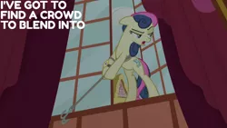 Size: 1280x720 | Tagged: safe, derpibooru import, edit, edited screencap, editor:quoterific, screencap, bon bon, sweetie drops, earth pony, pony, season 5, slice of life (episode), bipedal, female, floppy ears, image, jpeg, mare, open mouth, ponyville town hall, solo