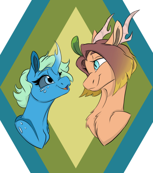 Size: 3100x3500 | Tagged: safe, artist:ask-y, derpibooru import, oc, unofficial characters only, changedling, changeling, pony, antlers, bust, changedling oc, changeling oc, chest fluff, duo, female, image, mare, png, simple background, smiling, transparent background