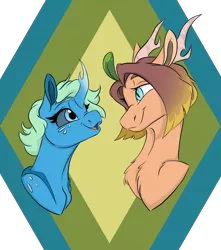 Size: 3100x3500 | Tagged: safe, artist:ask-y, derpibooru import, oc, unofficial characters only, changedling, changeling, pony, antlers, bust, changedling oc, changeling oc, chest fluff, duo, female, image, mare, png, simple background, smiling, transparent background