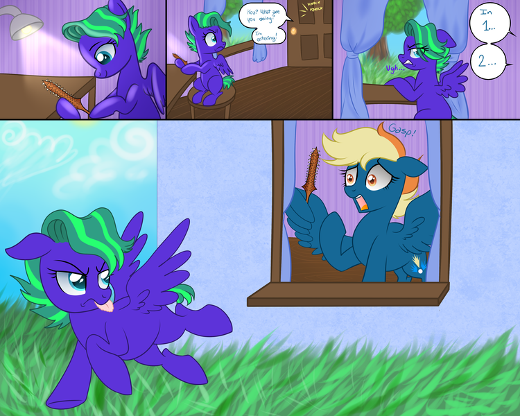 Size: 5000x4000 | Tagged: safe, artist:kaikururu, derpibooru import, oc, unofficial characters only, pegasus, pony, absurd resolution, comic, curtains, dialogue, eye clipping through hair, female, floppy ears, frown, grass, gritted teeth, hoof hold, hooves, image, lamp, looking at something, looking back, mare, onomatopoeia, open mouth, pegasus oc, png, raised hoof, short tail, sitting, smiling, speech bubble, spread wings, tail, tongue out, two toned mane, wing hands, wings