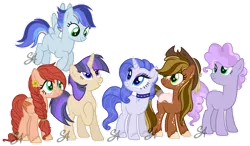 Size: 1280x749 | Tagged: safe, artist:stellaartist13, derpibooru import, oc, oc:ambrosia blossom, oc:andomed shine, oc:candy floss, oc:cortland roots, oc:moonstone glow, oc:tropic rain, unofficial characters only, earth pony, pegasus, pony, unicorn, base used, braid, choker, cowboy hat, earth pony oc, female, flower, flying, folded wings, freckles, hat, hoof on chest, hooves, horn, image, looking up, mare, next generation, offspring, outline, parent:applejack, parent:big macintosh, parent:comet tail, parent:fancypants, parent:fluttershy, parent:pinkie pie, parent:pokey pierce, parent:rainbow dash, parent:rarity, parent:soarin', parent:trouble shoes, parent:troubleshoes clyde, parent:twilight sparkle, parents:cometlight, parents:fluttermac, parents:pokeypie, parents:raripants, parents:soarindash, parents:troublejack, pegasus oc, png, show accurate, signature, simple background, smiling, spread wings, standing, transparent background, unicorn oc, unshorn fetlocks, watermark, white outline, wings