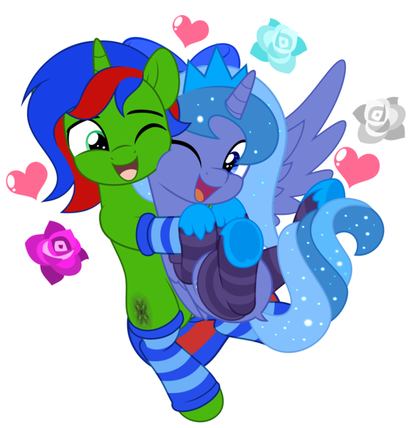 Size: 5000x5208 | Tagged: safe, artist:jhayarr23, derpibooru import, oc, oc:christian clefnote, oc:lulu star moonie, unofficial characters only, alicorn, pony, unicorn, alicorn oc, bow, clothes, commission, female, flower, hearts and hooves day, holiday, horn, image, leg warmers, looking at each other, looking at someone, male, mare, not luna, oc x oc, one eye closed, open mouth, open smile, png, rose, shipping, simple background, smiling, socks, stallion, striped socks, transparent background, unicorn oc, valentine's day, wings, ych result