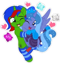Size: 5000x5208 | Tagged: safe, artist:jhayarr23, derpibooru import, oc, oc:christian clefnote, oc:lulu star moonie, unofficial characters only, alicorn, pony, unicorn, alicorn oc, bow, clothes, commission, female, flower, hearts and hooves day, holiday, horn, image, leg warmers, looking at each other, looking at someone, male, mare, not luna, oc x oc, one eye closed, open mouth, open smile, png, rose, shipping, simple background, smiling, socks, stallion, striped socks, transparent background, unicorn oc, valentine's day, wings, ych result