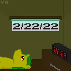 Size: 512x512 | Tagged: safe, artist:valuable ashes, derpibooru import, oc, oc:technical writings, pony, unicorn, banner, desk, digital clock, existential crisis, image, lying down, lying on the floor, neon, pixel art, png, solo, story included