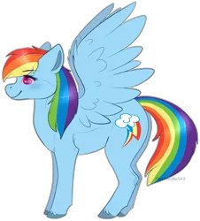 Size: 1296x1434 | Tagged: safe, artist:pinky-poodle, derpibooru import, rainbow dash, pegasus, pony, eyebrows, eyebrows visible through hair, female, full body, hooves, image, mare, png, side view, signature, simple background, smiling, solo, spread wings, standing, tail, transparent background, unshorn fetlocks, wings