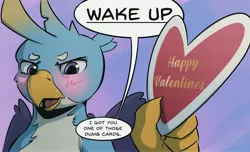 Size: 4053x2468 | Tagged: safe, artist:kam, derpibooru import, gallus, sandbar, gryphon, beak, blush sticker, blushing, bust, card, claws, embarrassed, frown, gallbar, gay, heart, holding, holiday, image, implied gay, implied shipping, jpeg, looking at you, male, shipping, simple background, solo, talking, talking to viewer, tsundere, valentine, valentine's day, wings