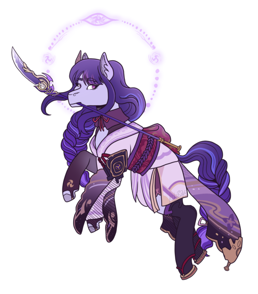 Size: 2800x3200 | Tagged: safe, artist:kikirdcz, derpibooru import, ponified, pony, clothes, genshin impact, gloves, image, long gloves, mouth hold, naginata, png, raiden shogun (genshin impact), sandals, simple background, socks, solo, stockings, thigh highs, transparent background, weapon, zori