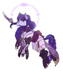 Size: 2800x3200 | Tagged: safe, artist:kikirdcz, derpibooru import, ponified, pony, clothes, genshin impact, gloves, image, long gloves, mouth hold, naginata, png, raiden shogun (genshin impact), sandals, simple background, socks, solo, stockings, thigh highs, transparent background, weapon, zori