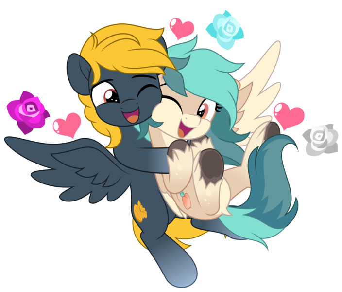 Size: 5866x5000 | Tagged: safe, artist:jhayarr23, derpibooru import, oc, oc:osteen, oc:peacher, unofficial characters only, pegasus, pony, commission, flower, happy, heart, hug, image, looking at each other, looking at someone, love, open mouth, peachsteen, pegasus oc, png, spread wings, wings, ych result