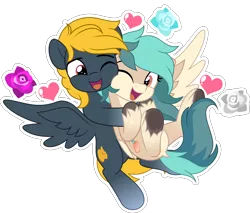Size: 5866x5000 | Tagged: safe, artist:jhayarr23, derpibooru import, oc, oc:osteen, oc:peacher, unofficial characters only, pegasus, pony, commission, flower, happy, heart, hug, image, looking at each other, looking at someone, love, open mouth, peachsteen, pegasus oc, png, spread wings, wings, ych result