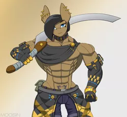 Size: 2000x1849 | Tagged: suggestive, artist:mopyr, derpibooru import, oc, oc:shameka, unofficial characters only, anthro, abs, choker, clothes, ear piercing, gloves, image, khopesh, long gloves, male, muscles, outfit, piercing, png, solo, sword, tattoo, weapon