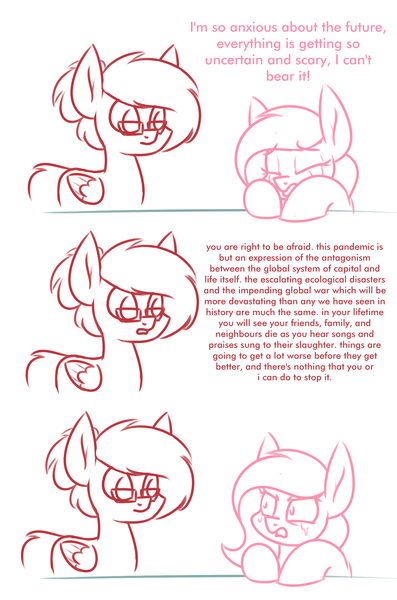 Size: 1456x2203 | Tagged: semi-grimdark, artist:moonatik, derpibooru import, oc, oc:moonatik, oc:sugar morning, unofficial characters only, pegasus, pony, comic, crying, dialogue, female, glasses, hair bun, image, male, mare, pegasus oc, png, simple background, sketch, stallion, wings