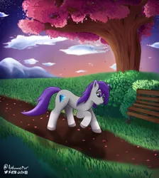 Size: 1305x1454 | Tagged: safe, artist:autumnsfur, artist:autumnsfurart, derpibooru import, oc, oc:glitter stone, unofficial characters only, earth pony, insect, ladybug, pony, my little pony: a new generation, bench, blue eyes, bush, cloud, dawn, detailed background, diamond, eyebrows, female, g5, grass, image, leaves, mare, mountain, nature, orange sky, outdoors, path, png, purple mane, shadow, signature, sky, solo, stars, sunset, trail, tree, trotting, watermark