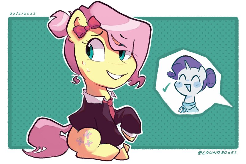Size: 2100x1400 | Tagged: safe, artist:matterproblem, derpibooru import, fluttershy, rarity, pony, abstract background, alternate hairstyle, bow, clothes, hair bow, image, jpeg, necktie, offscreen character, signature, suit, sweat