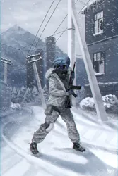 Size: 2739x4096 | Tagged: safe, artist:amishy, derpibooru import, oc, unofficial characters only, anthro, unicorn, assault rifle, gun, image, jpeg, rifle, snow, snowfall, solo, telephone pole, weapon