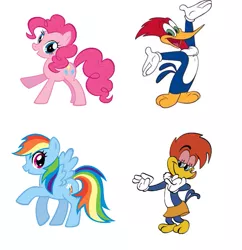 Size: 675x698 | Tagged: safe, derpibooru import, edit, pinkie pie, rainbow dash, bird, earth pony, pegasus, pony, cartoon, crossover, cute, dashabetes, diapinkes, female, image, male, mare, png, simple background, the new woody woodpecker show, white background, winnie woodpecker, woodpecker, woody woodpecker
