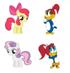 Size: 637x663 | Tagged: safe, derpibooru import, edit, apple bloom, sweetie belle, bird, earth pony, pony, unicorn, adorabloom, apple bloom's bow, bow, cartoon, crossover, cute, diasweetes, female, filly, foal, hair bow, image, knothead, male, png, simple background, splinter (woody woodpecker), the new woody woodpecker show, white background, woodpecker, woody woodpecker
