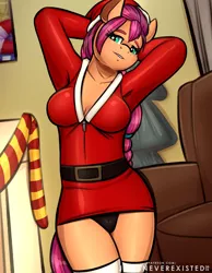 Size: 991x1280 | Tagged: suggestive, artist:jcosneverexisted, derpibooru import, sunny starscout, anthro, christmas, clothes, female, g5, holiday, image, jpeg, looking at you, solo