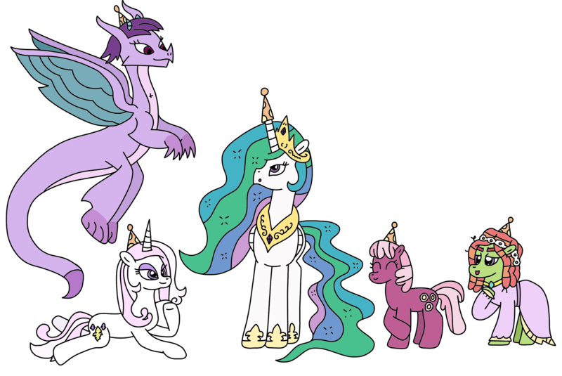 Size: 2812x1881 | Tagged: safe, artist:supahdonarudo, derpibooru import, cheerilee, fleur-de-lis, princess celestia, prominence, tree hugger, alicorn, dragon, earth pony, pony, unicorn, birthday, clothes, dragoness, dress, female, floral head wreath, flower, hat, image, lying down, nicole oliver, party hat, png, prone, simple background, transparent background