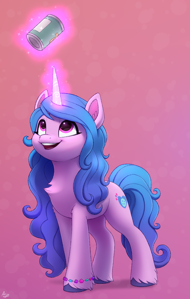 Size: 700x1100 | Tagged: safe, artist:luminousdazzle, derpibooru import, izzy moonbow, pony, unicorn, my little pony: a new generation, beans, bracelet, chest fluff, curly mane, cutie mark, female, food, full body, g5, glow, glowing horn, hooves, horn, image, jewelry, levitation, looking up, magenta eyes, magic, mare, open mouth, open smile, png, shading, signature, smiling, solo, standing, telekinesis, unshorn fetlocks