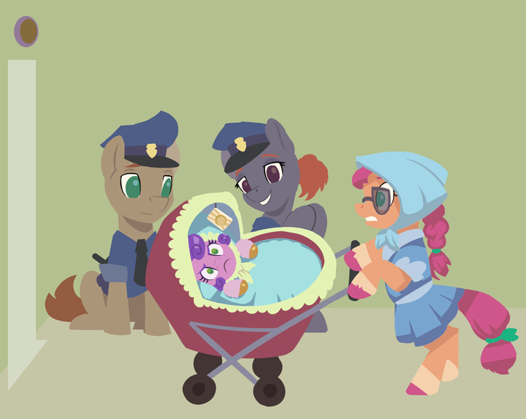 Size: 1000x796 | Tagged: safe, artist:gor1ck, derpibooru import, pipp, pipp petals, sunny starscout, earth pony, pegasus, pony, baby carriage, disguise, g5, image, jpeg, pipp is short, police officer