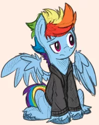 Size: 700x880 | Tagged: safe, artist:nolycs, color edit, derpibooru import, edit, rainbow dash, pegasus, pony, clothes, colored, colored sketch, frown, full body, hoodie, image, male, pink background, png, rainbow blitz, raised eyebrow, rule 63, simple background, sitting, sketch, solo, stallion, unshorn fetlocks, wing fluff, wings
