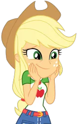 Size: 2025x3250 | Tagged: safe, artist:sketchmcreations, derpibooru import, applejack, equestria girls, equestria girls series, holidays unwrapped, spoiler:eqg series (season 2), amused, applejack's hat, clothes, cowboy hat, denim skirt, female, freckles, geode of super strength, hands on face, hat, image, magical geodes, o come all ye squashful, png, simple background, skirt, smiling, stetson, transparent background, vector