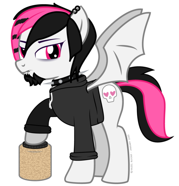 Size: 924x960 | Tagged: safe, artist:hazel bloons, derpibooru import, oc, oc:s0fty1cy, unofficial characters only, bat pony, bear, maggot, pony, 2022, black hoodie, black mane, black tail, clothes, collar, cutie mark, derpibooru exclusive, ear piercing, eyebrows, eyes open, eyeshadow, facial hair, goatee, goth, heart eyes, hoodie, image, jar, lip piercing, looking at you, makeup, multicolored hair, no pants, nonbinary, piercing, pink eyes, pink mane, pink tail, png, raccoon stripes, raised eyebrow, raised leg, simple background, skull, snake bites, solo, spiked collar, spread wings, tail, transparent background, white coat, wingding eyes, wings