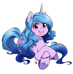 Size: 909x927 | Tagged: safe, artist:nekoshiei, derpibooru import, izzy moonbow, pony, unicorn, bracelet, female, g5, hooves, horn, image, jewelry, jpeg, looking at you, lying down, mare, open mouth, open smile, prone, signature, simple background, smiling, solo, unshorn fetlocks, white background