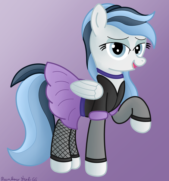 Size: 2592x2772 | Tagged: safe, artist:rainbowšpekgs, derpibooru import, oc, oc:haze northfleet, unofficial characters only, pegasus, pony, bedroom eyes, clothes, cute, dress, female, fishnets, folded wings, full body, gradient background, high res, image, mare, open mouth, open smile, pegasus oc, png, raised hoof, sexy, signature, skirt, smiling, socks, solo, standing, stockings, tail, thigh highs, wings