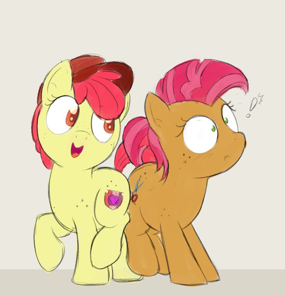 Size: 951x988 | Tagged: safe, artist:dtcx97, derpibooru import, apple bloom, babs seed, earth pony, pony, adorabloom, alternate hairstyle, baseball cap, butt bump, cap, cute, female, filly, foal, freckles, hat, image, png, surprised, tomboy