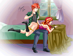 Size: 1426x1102 | Tagged: suggestive, artist:shinta-girl, derpibooru import, sunset shimmer, oc, oc:ruby sword, human, equestria girls, abuse, ass, bed, bedroom, butt, canon x oc, clothes, couple, female, foreplay, gif, humanized, image, male, over the knee, panties, panties pulled down, punishment, reddened butt, shipping, socks, spank mark, spanking, stocking feet, straight, sunsword, underwear